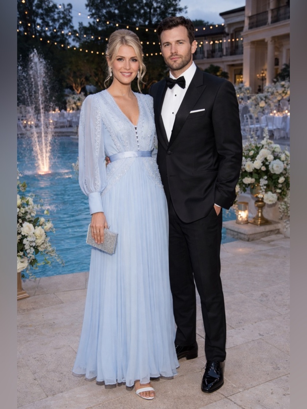Self Portrait Blue Lace Trim Chiffon Maxi Dress